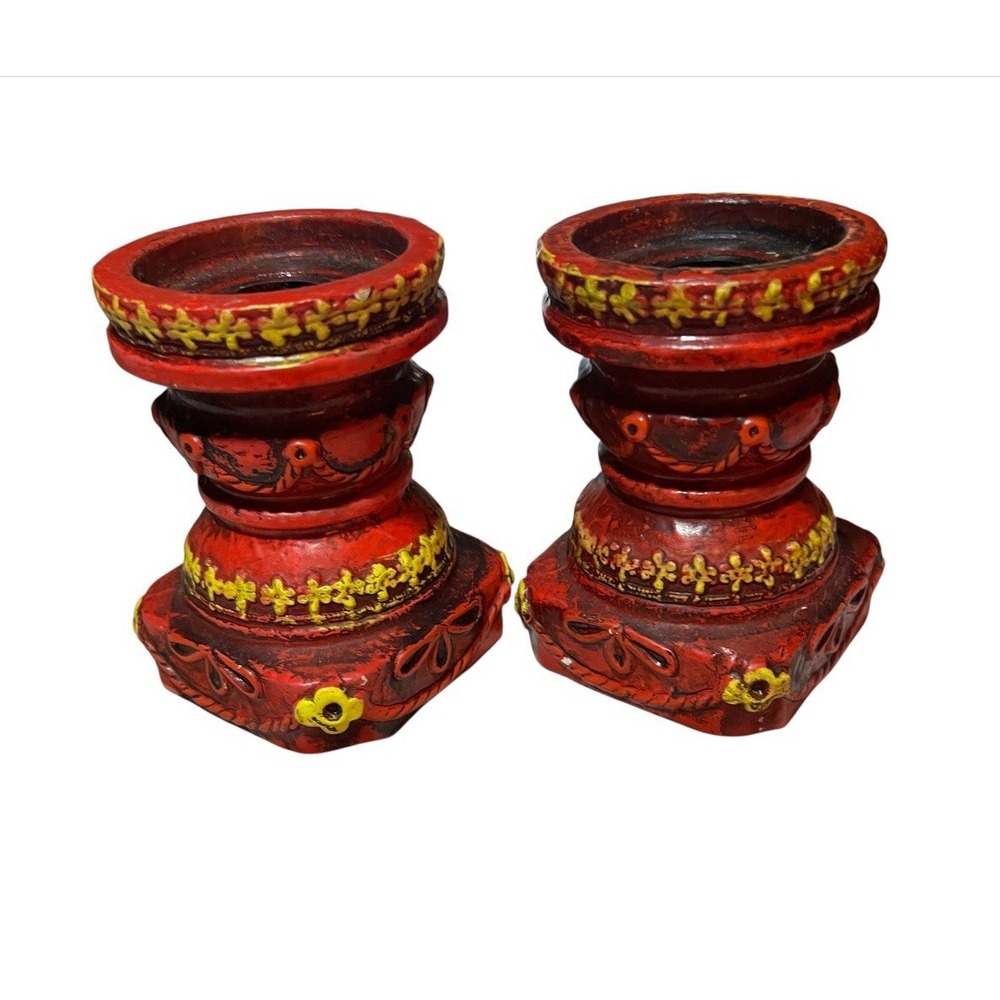 VTG Napco Pair Of‎ Red Candle Pillar Holders Christmas Decor Japan